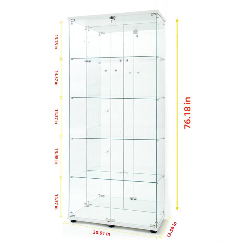 76" Tall Tempered Glass Display Cabinet with Mirror Back, Bluetooth LED Light Strip, Lockable Doors and Casters