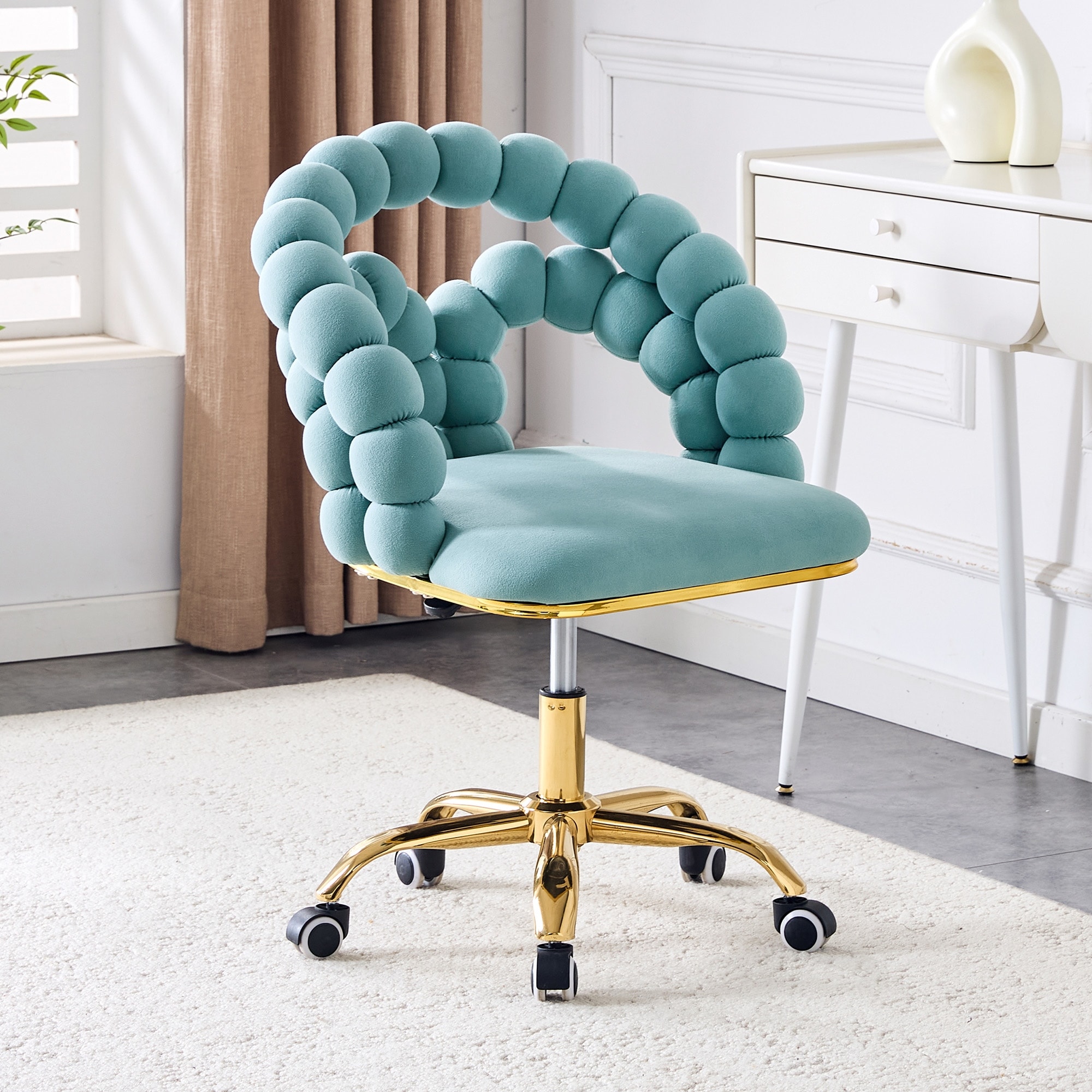 Set of 1,Teal Puffy Bubble Chair Ball Chain Chair Velvet Leisure Chair with Gold Five-Claw Casters, Upholstered Accent Chair