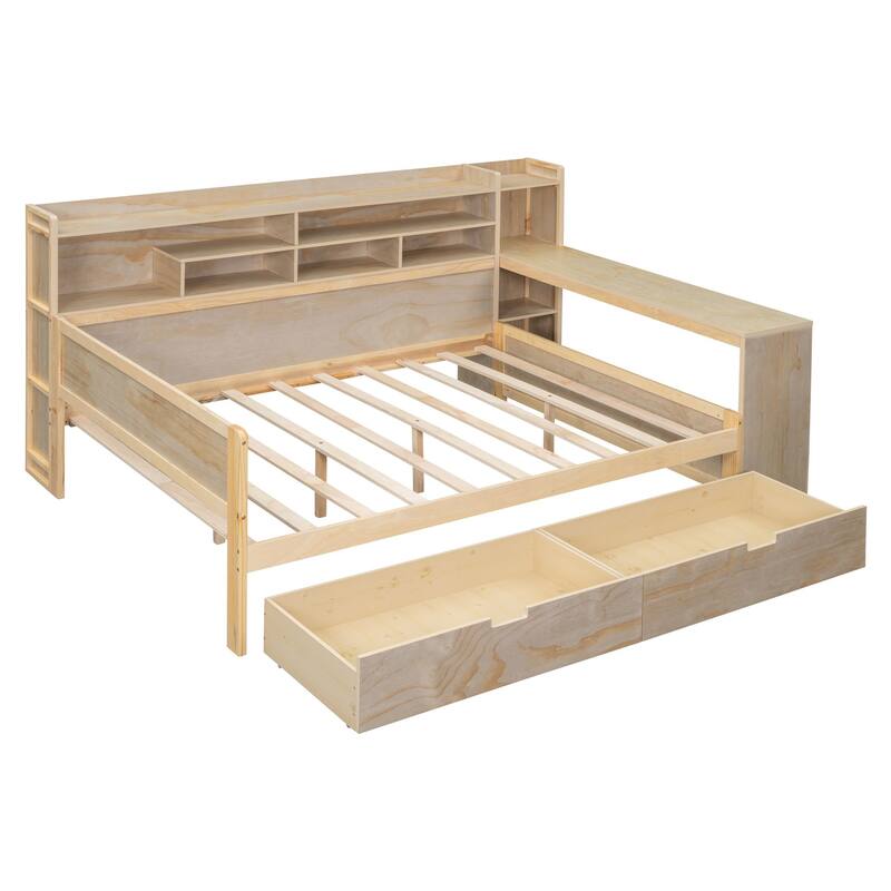 Full Size Wooden Daybed with Storage Drawers and Built-in Study Desk - Multi-functional Bed in Antique White