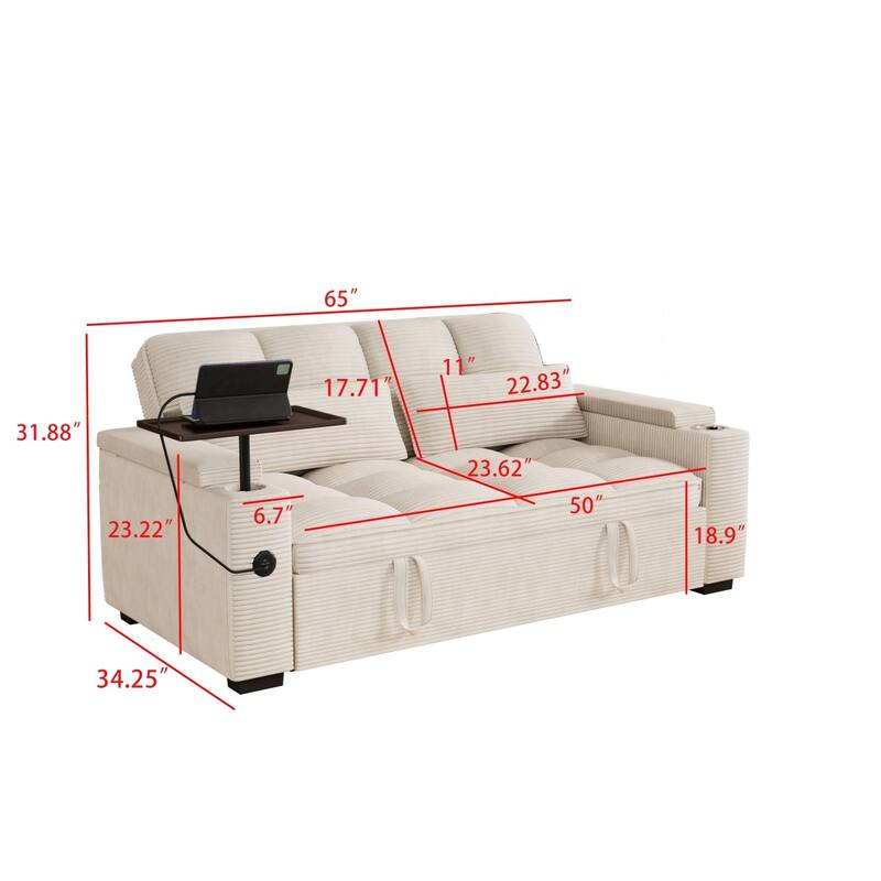 65'' Chenille 3-in-1 Folding Sectional Sofa with 360-Degree Swivel Side Table