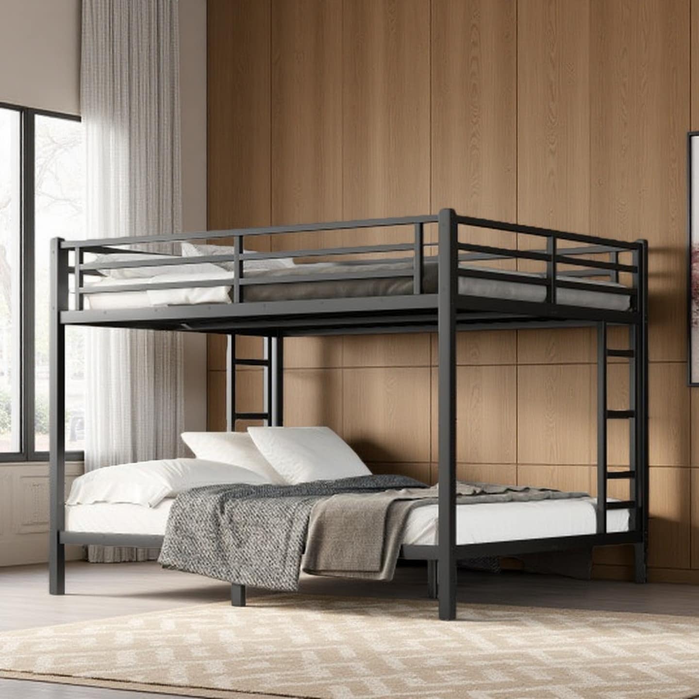 Sturdy Metal Queen over Queen Bunk Bed with Noise-Free Slats, Guardrails, Dual Ladders, and Under-Bed Storage