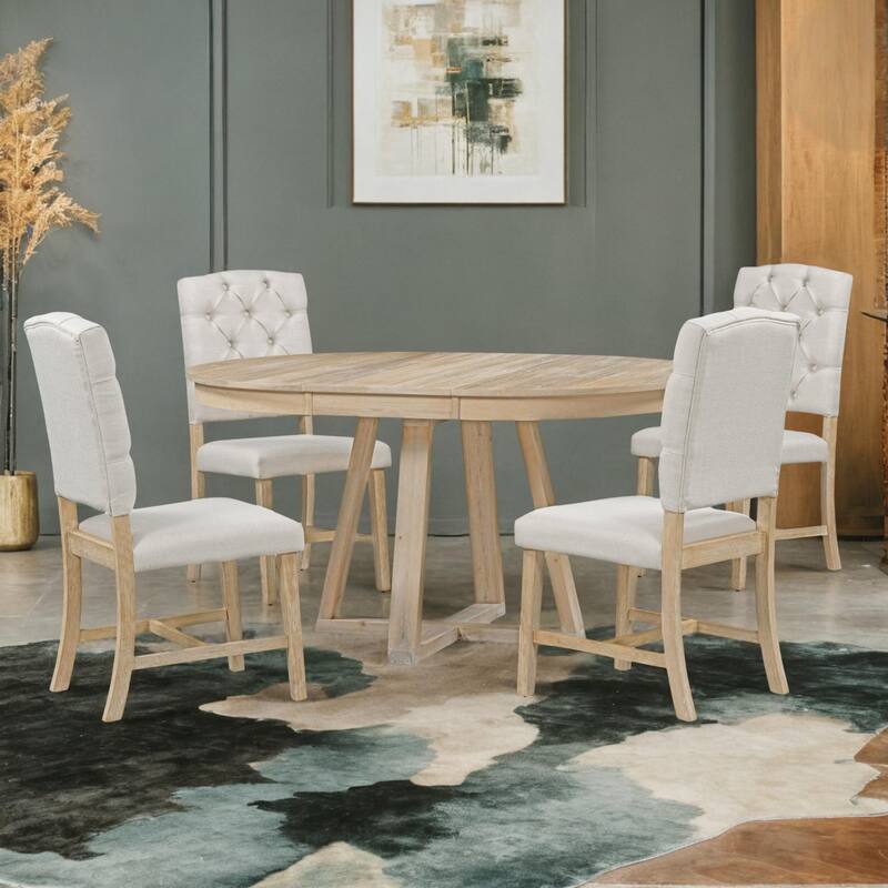 5-Piece Retro Functional Dining Set, Included Round Table with a 16" W Leaf and 4 Upholstered Chairs for Kitchen