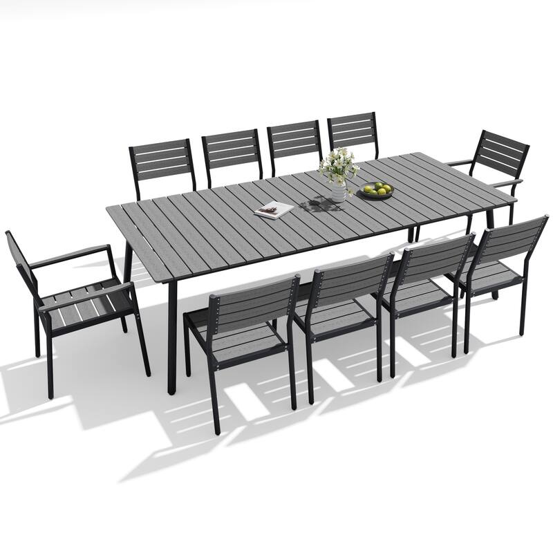 Outdoor Patio Dining Set 7/9/11-Piece Furniture Set Aluminum Dining Table and Stackable Chairs - Grey - Set of 11 - 94.49 inches