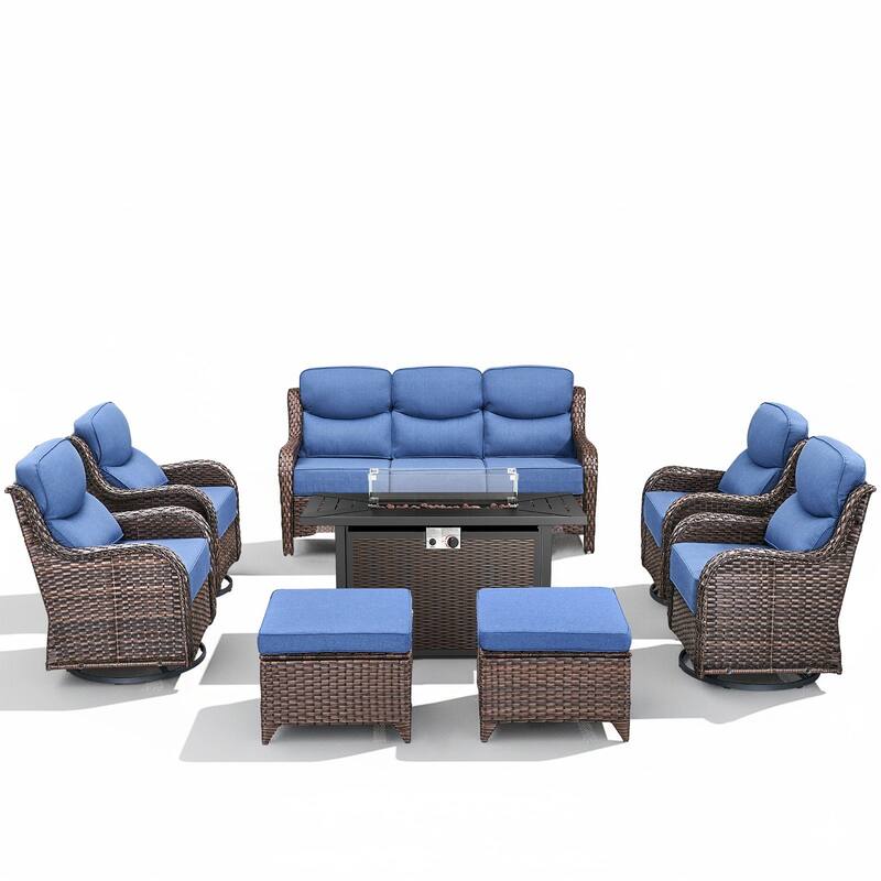 Arcadia 8-Piece PE Wicker Patio Seating Set with Durable All-Iron Fire Pit and 6-Inch Cushions