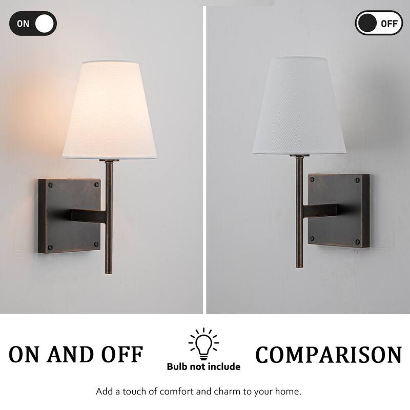 Modern Bronze 1-Light Fabric Shade Wall Sconces Farmhouse White Linen Tapered Shade Sconce For Bathroom Mirror Hallway