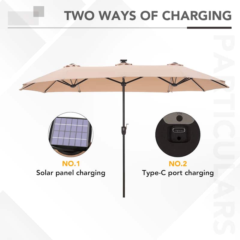 MAISON ARTS Double-Sided 13-foot Twin Outdoor Market Crank Umbrella with Colored LED Lights