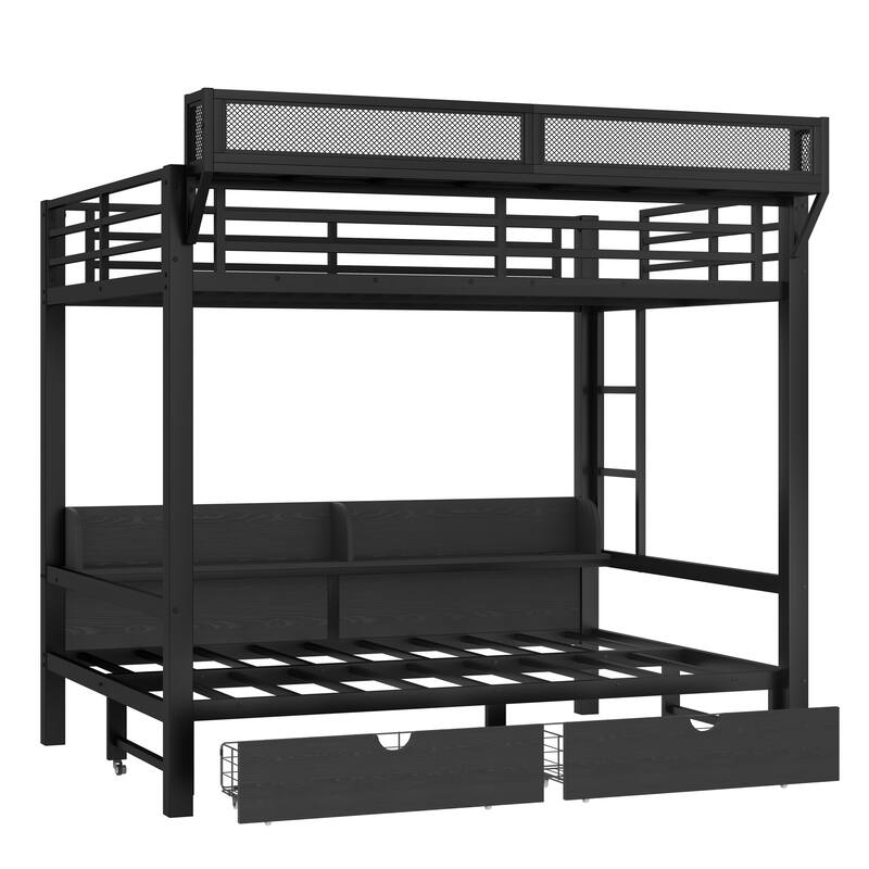 Twin XL over Twin XL Bunk Bed with Storage & Drawers, USB Ports & LED Lights, Convertible Sofa Lower Bed