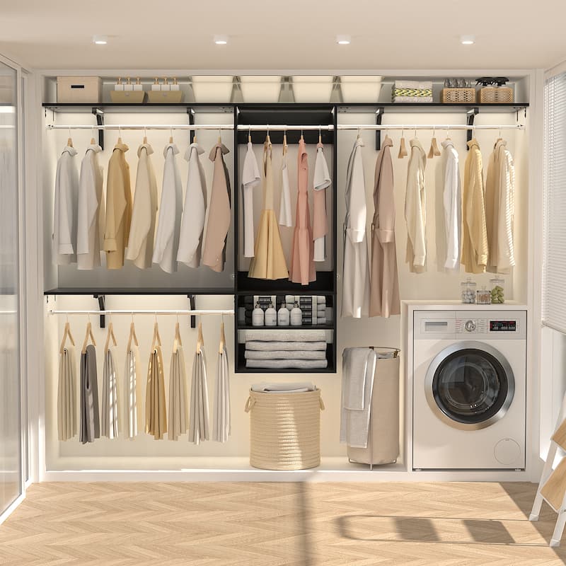 96'' W Wall-mounted Closet System with Storage Shelves and Hanging Rods,Adjustable Walk-in Closet Organizer System