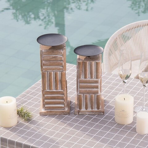 COSIEST Wood Vintage Classic Candle Holder Pillars, Candlesticks- Set of 2