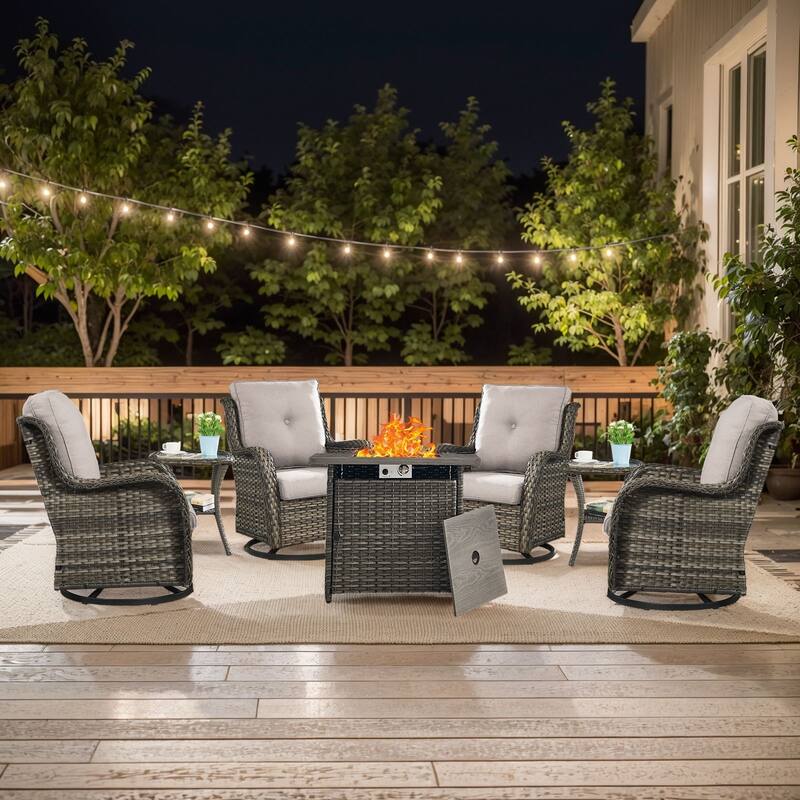 Gymojoy 7-Piece Outdoor Fire Pit Conversation Set with 4 Swivel Chairs & 2 Side Tables - Grey Wicker / Beige Cusion - 7-Piece
