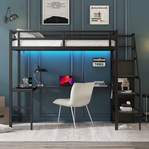 slide 2 of 12, Metal Loft Bed with Wardrobe and Adjustable Shelf, High Loft Bed with LED for Kids Teens Adults Black