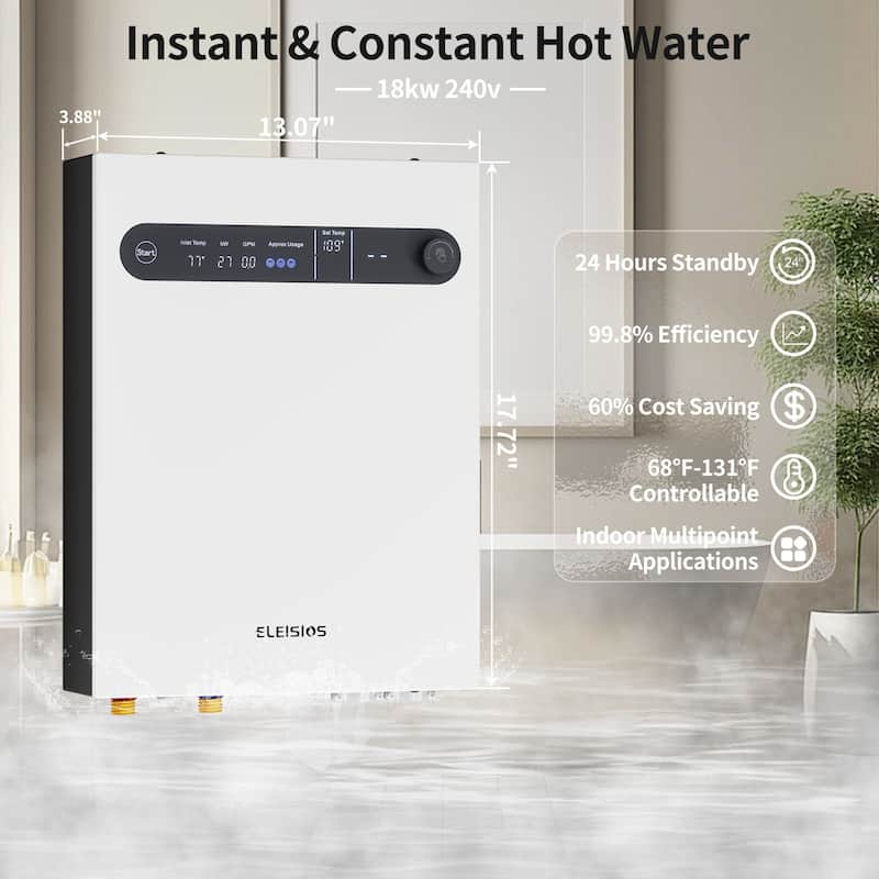 Tankless Electric Water Heater Instant Hot Water, LED Digital Display, Self-Modulating, Energy Efficient