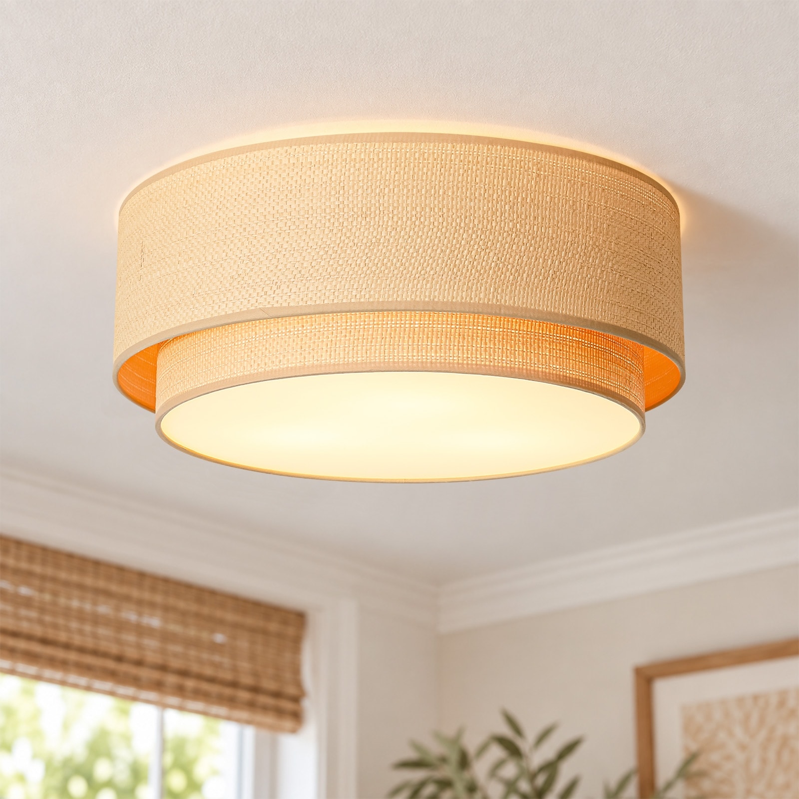 Rennnsan 3-Light Modern Rattan Semi Flush Mount Ceiling Light for Bedroom - 19.7" W x 7.9" H