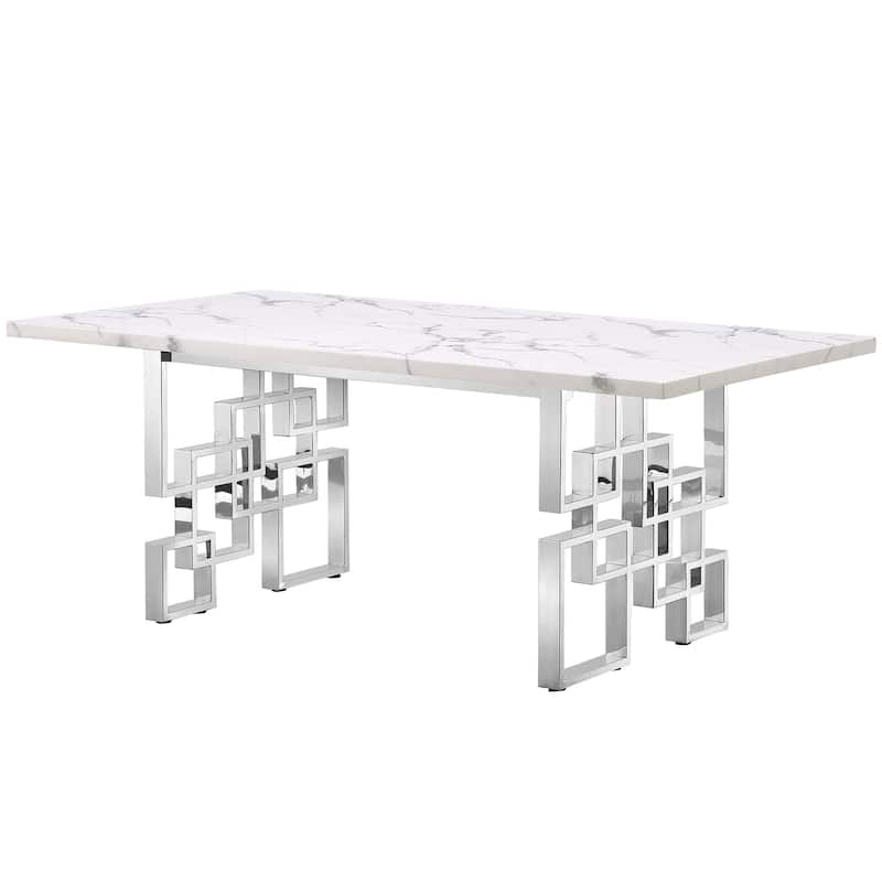 Luxury White Faux Marble Dining Table with 78 inch Top and Metal Base - Silver