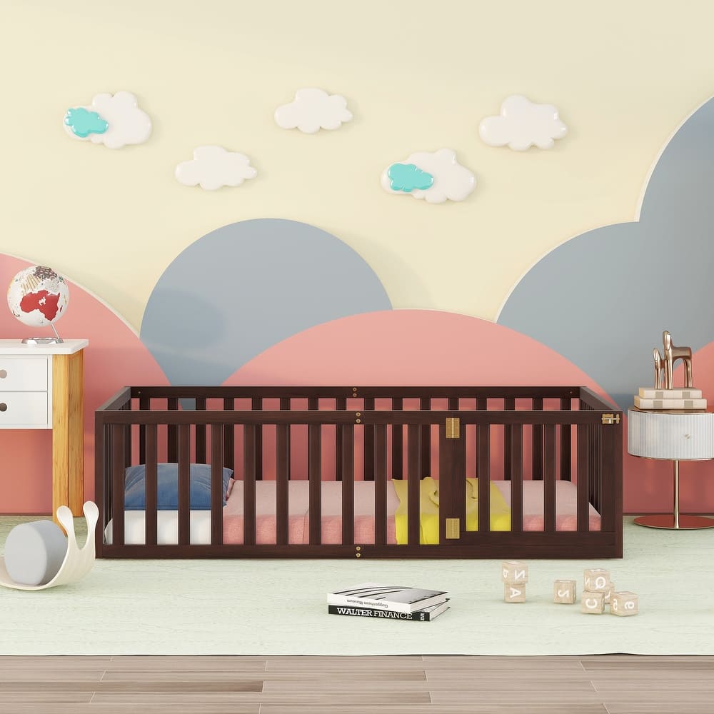 Versatile Wooden Floor Bed Frame without Slats, Solid Pinewood Kids Bed Frame with Fence and Door