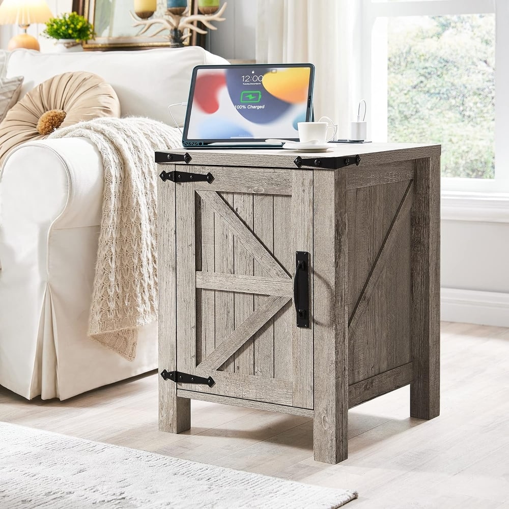 Farmhouse Wood Nightstand with Charging Station, End Table, Side Table