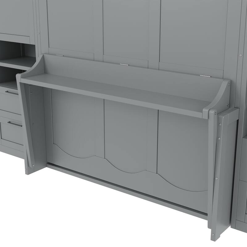 Foldable Bed Frame Wooden Murphy Bed Queen Size Wall Bed Cabinet with Wardrobe and Storage Drawers for Bedroom or Guest Room