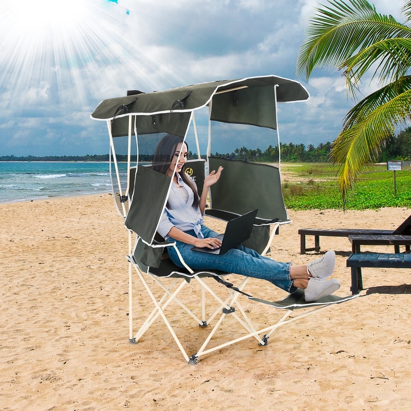 Cup Holder High Back Beach Chair With Canopy Portable Folding