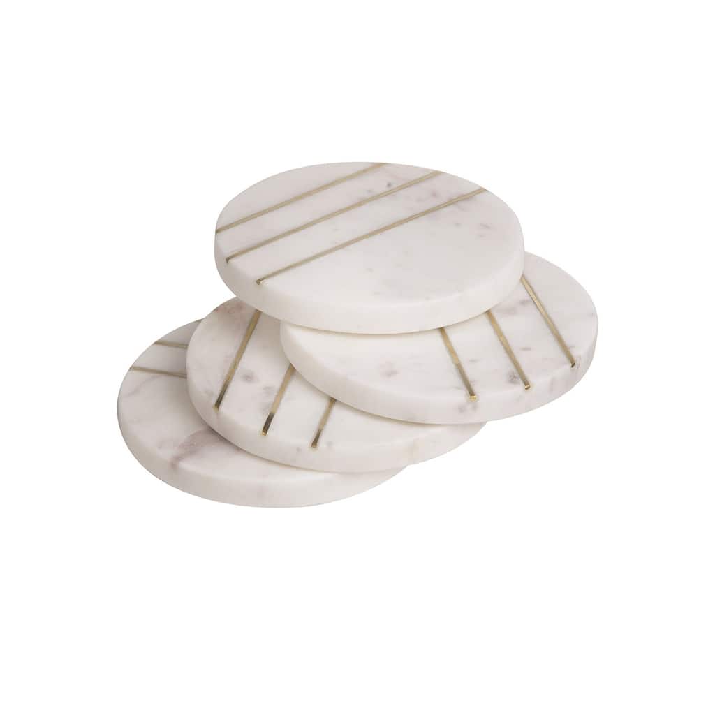 Set of 4Round Marble w/Brass Coasters Opal White