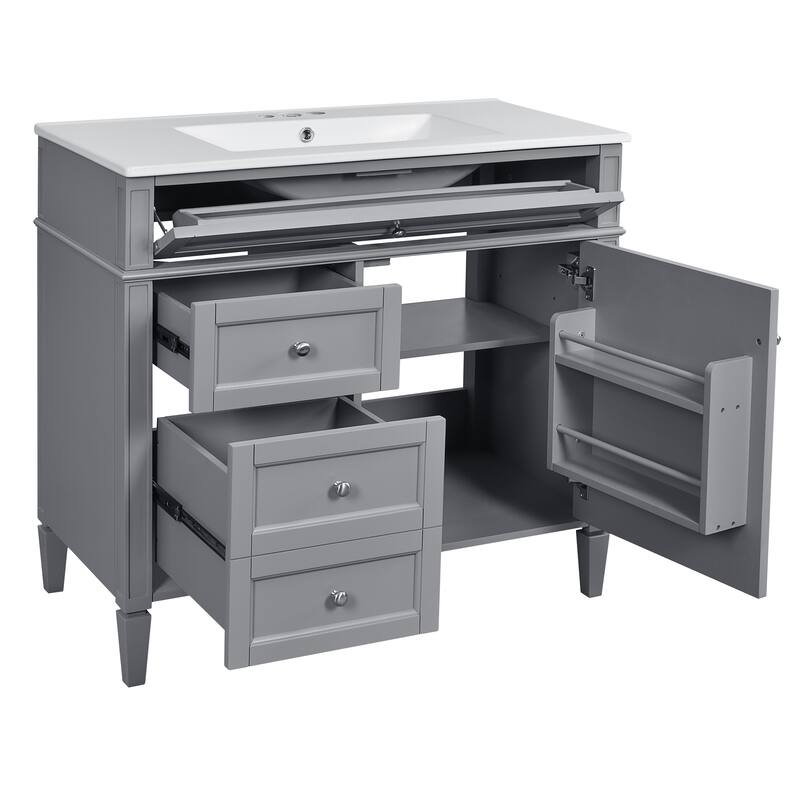 Modern Single Sink Bathroom Vanity Cabinet with Door Rack, Tip-out Drawer, 2 Pull-out Drawers, Metal Knobs and Adjustable Shelf