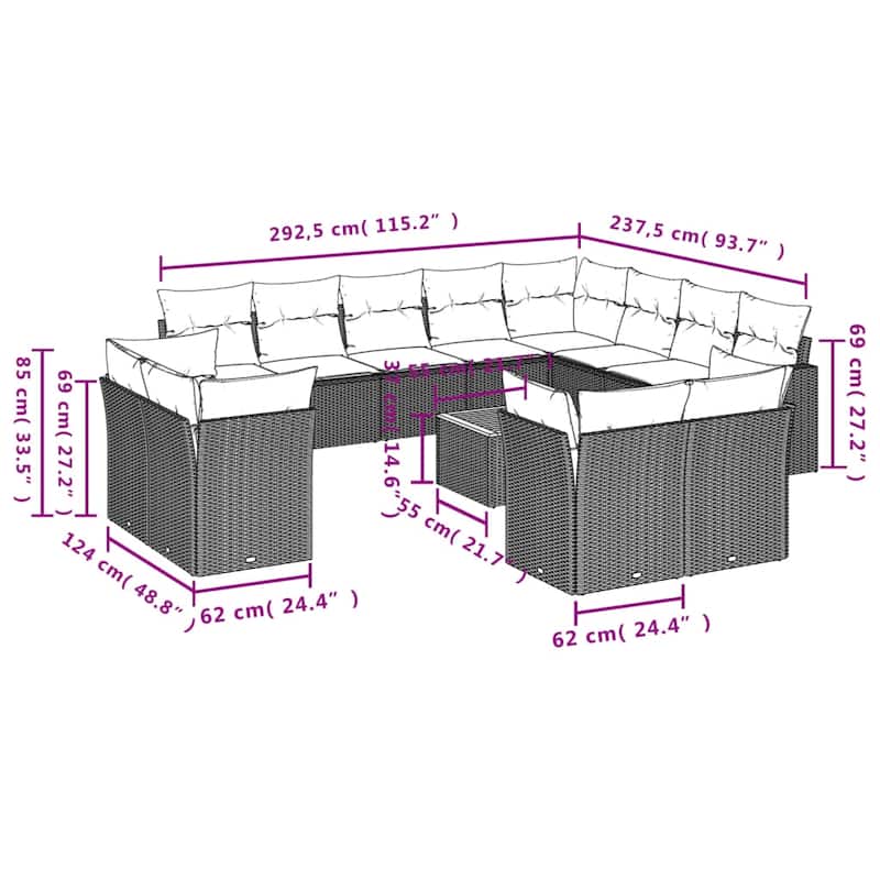 vidaXL Patio Sofa Set with Cushions Outdoor Furniture 13 Piece Poly Rattan - 21.7 x 21.7 x 14.6