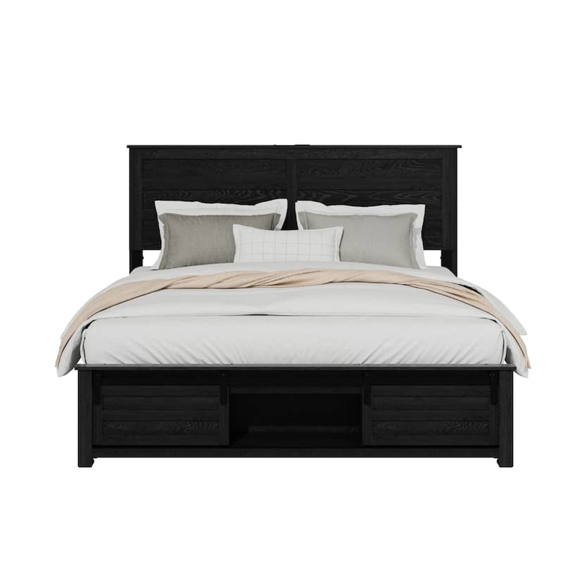 Storage Platform Bed Frame with Touch Light Charging Station Headboard and Endbed Storage Space, Velcro Design Wood Slat Support