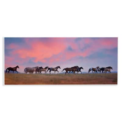 Stupell Wild Horses Running at Pink Sunset Meadow Wood Wall Art,7x17 - Multi-Color