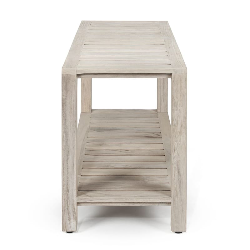 TeakCraft Gray Teak Shower Bench with Shelf 24 Inch - Fully Assembled, Rustic Gray Finish, The RICINA