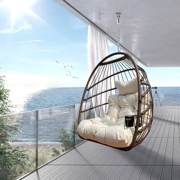 Hanging Egg Chair Without Stand - HDPE Rattan, 360° Swivel, 4" Thick Cushion, Foldable For Indoor & Outdoor (Blue)