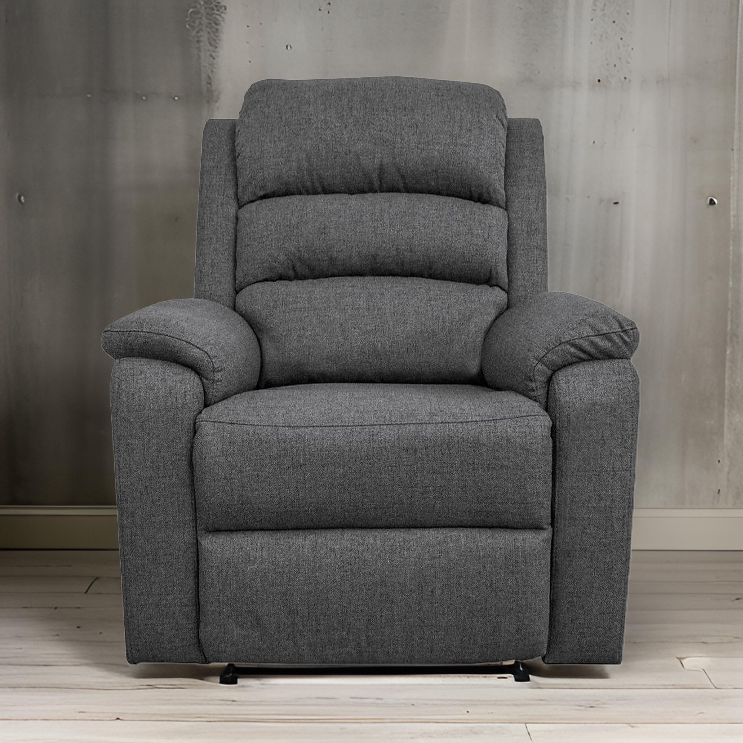 Benjara Fery 36 Inch Manual Recliner Chair, Gray Burlap, Cushioned Seat, Solid Wood