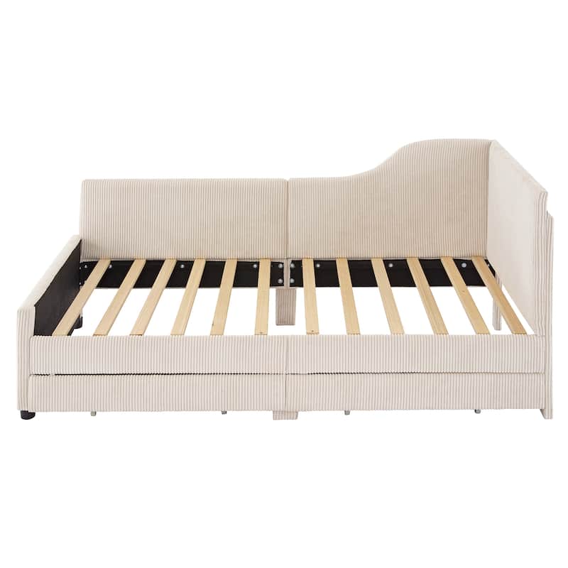 Twin Size L-Shaped Corduroy Upholstered Daybed with 2 Drawers