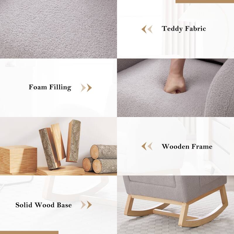 Teddy Fabric Leisure Rocking Chair,Nursery Rocking Chair With Adjustable Footstool,Thickened Headrest And High Backrest