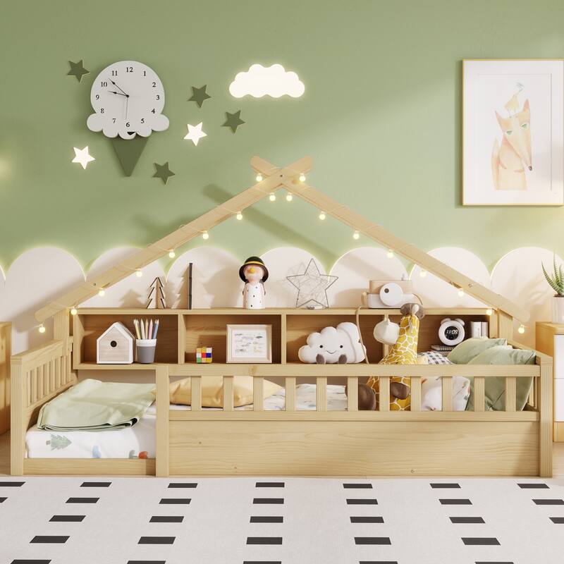 Twin/Full Floor Bed with Storage Bookshelves & Roof Shape for Kids