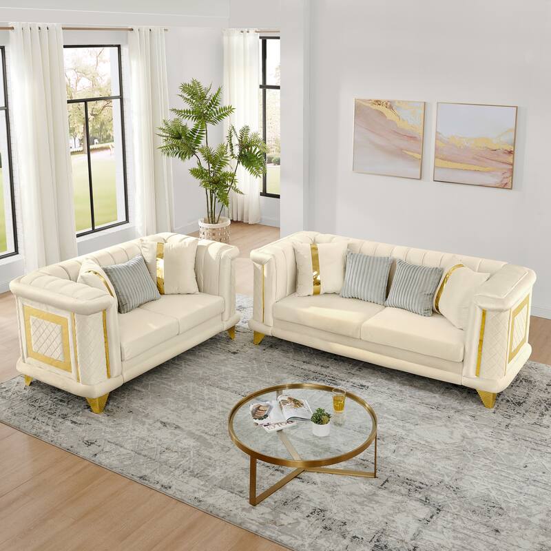 2PCS Velvet Sofa Set with Gold Trims and Embroidered Texture, Mid Century Modern Victorian Couch for Living Room, Beige