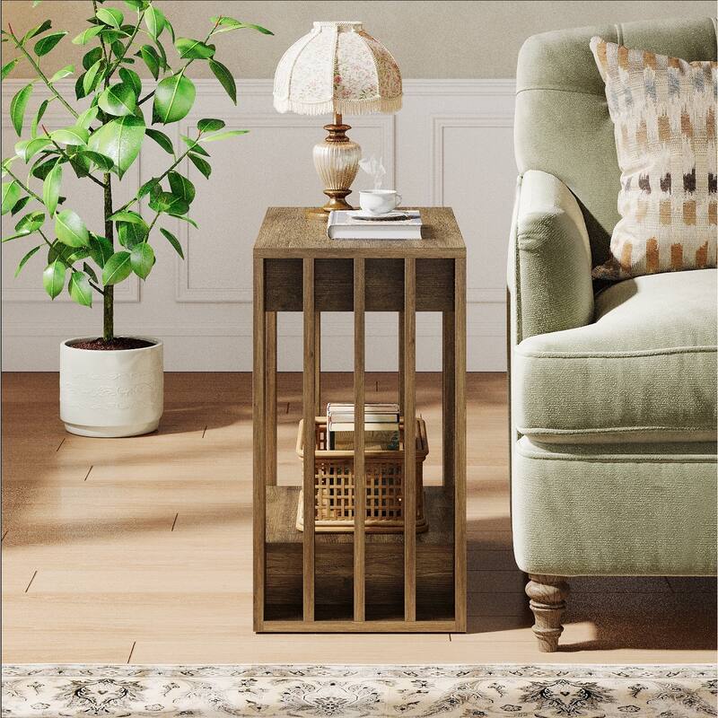 2 Tier Side Table for Living Room, Rectangular Couch End Table with Storage for Bedroom, Farmhouse Style