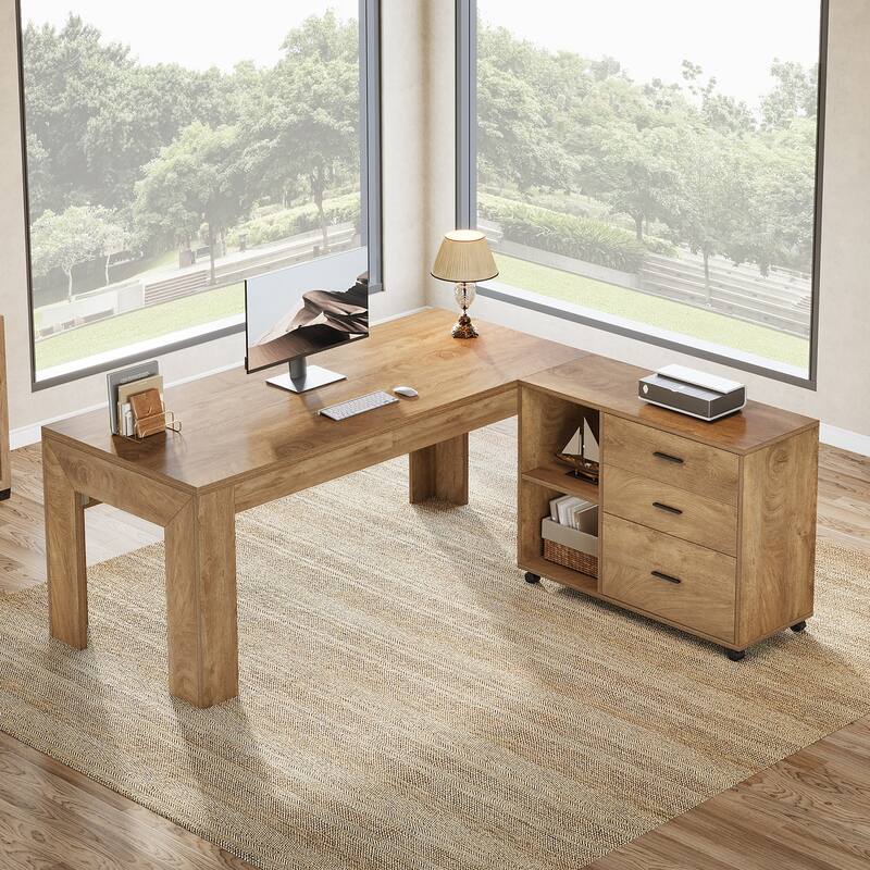 63" L Shaped Executive Office Desk with Mobile Lateral File Cabinet