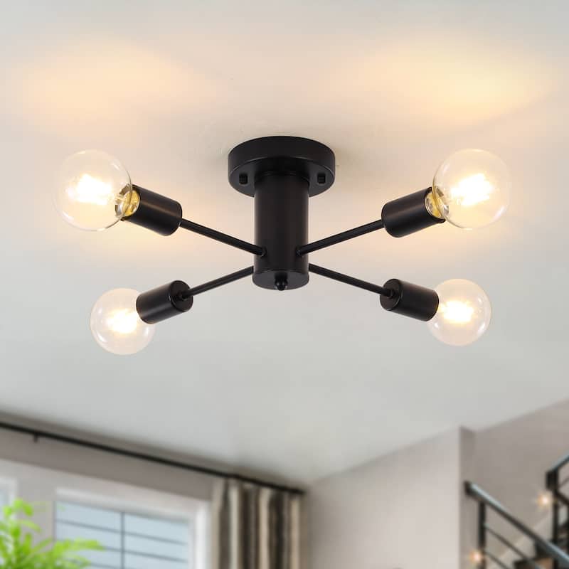 4-Light Modern Semi Flush Mount Chandelier for Bedroom Study Room - Black