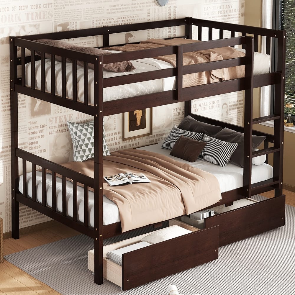 Rubber Wood Frame Bunk Beds with Wheels, Ladder and Safety Guardrails Convertible into 2 Beds - Available with Drawer or Trundle