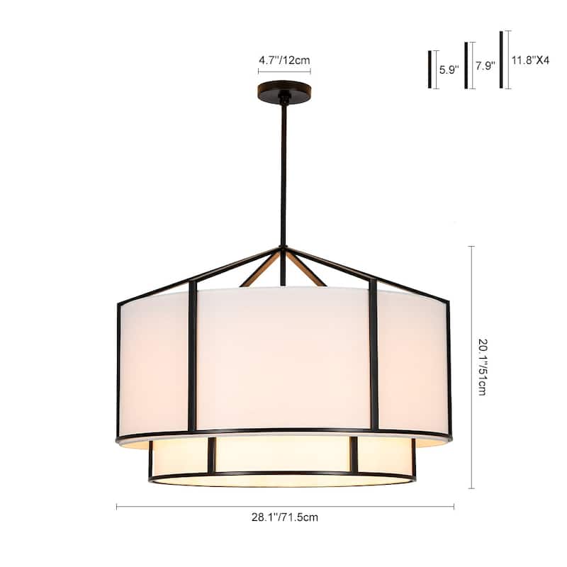 America Traditional 6-Light Two-layer Drum Fabric Pendant Chandelier - 28.1in