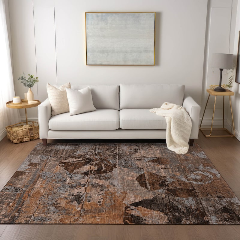 Machine Washable Indoor/ Outdoor Abstract Leaves Chantille Rug - Terracotta - 10' x 14'