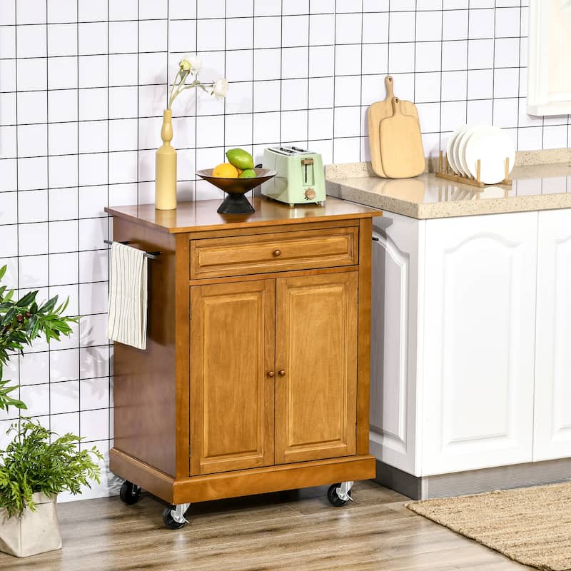 Brown Rubber Wood Kitchen Cart Cabinet with Pull-Out Drawer and Locking Swivel Wheels - 30" L x 18" W x 36.25" H