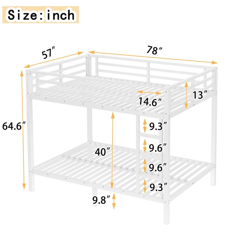 Metal Bunk Bed Frame with Safety Guardrail, Heavy Duty Metal Slat Support, Noise Free