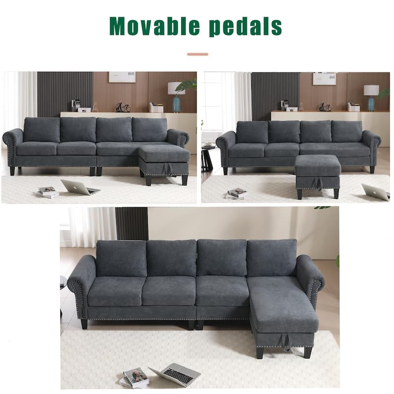 106Inch 4 Seater Convertible Sectional Sofa Couch with Storage Ottoman