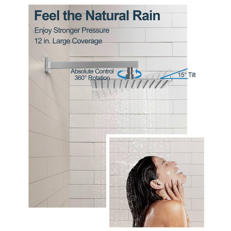 GRANDJOY Thermostatic Shower Faucet Set 12 inch Wall Mount Rainfall Shower Head with 6 Body Jets and Handheld Spray Combo