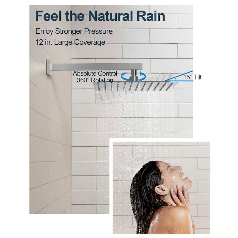 GRANDJOY 12 Inch Wall Mounted Digital Temperature Display Shower System Rainfall Shower Head with 6 Body Jets