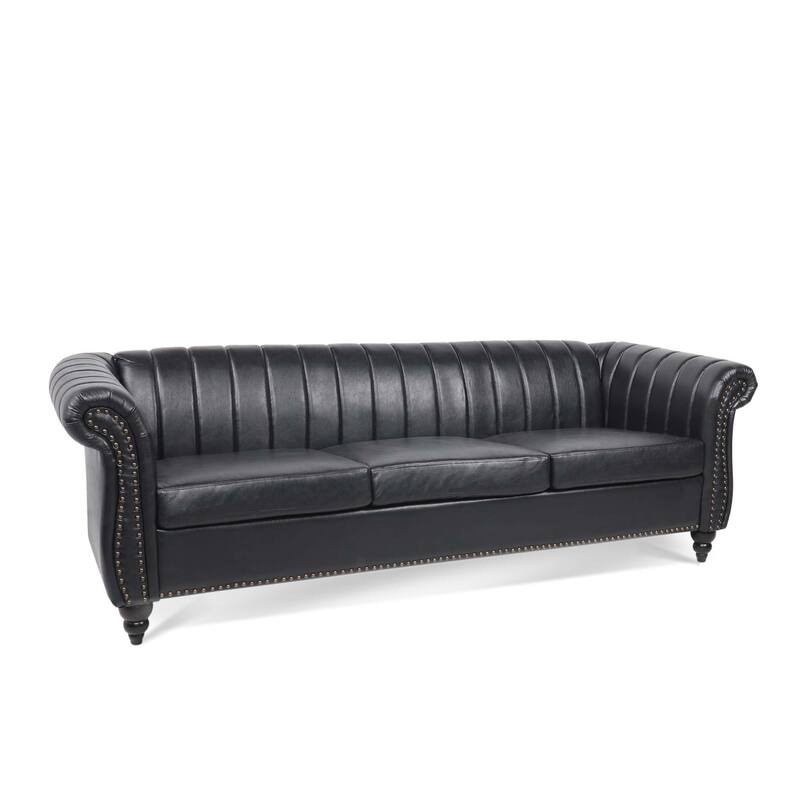 Chesterfield Sofa 83.46" with PU Leather, Quilted Backrest, Birch Legs