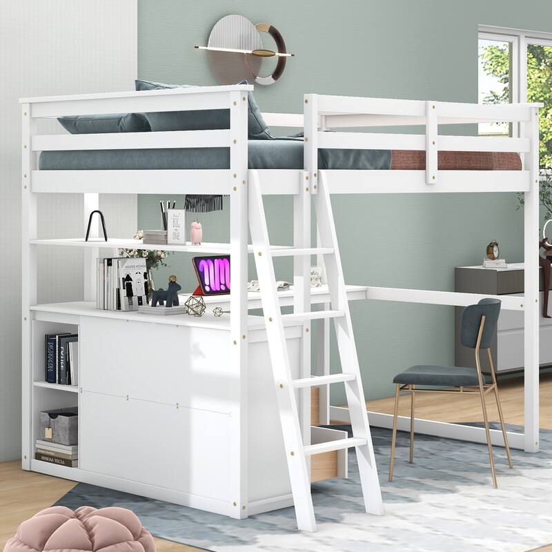 Full Size Loft Bed with Built-in Desk & 2 Drawers, Solid Wood Full Loft Bedframe w/Full-Length Guardrail, for Kids,Teens,Adults