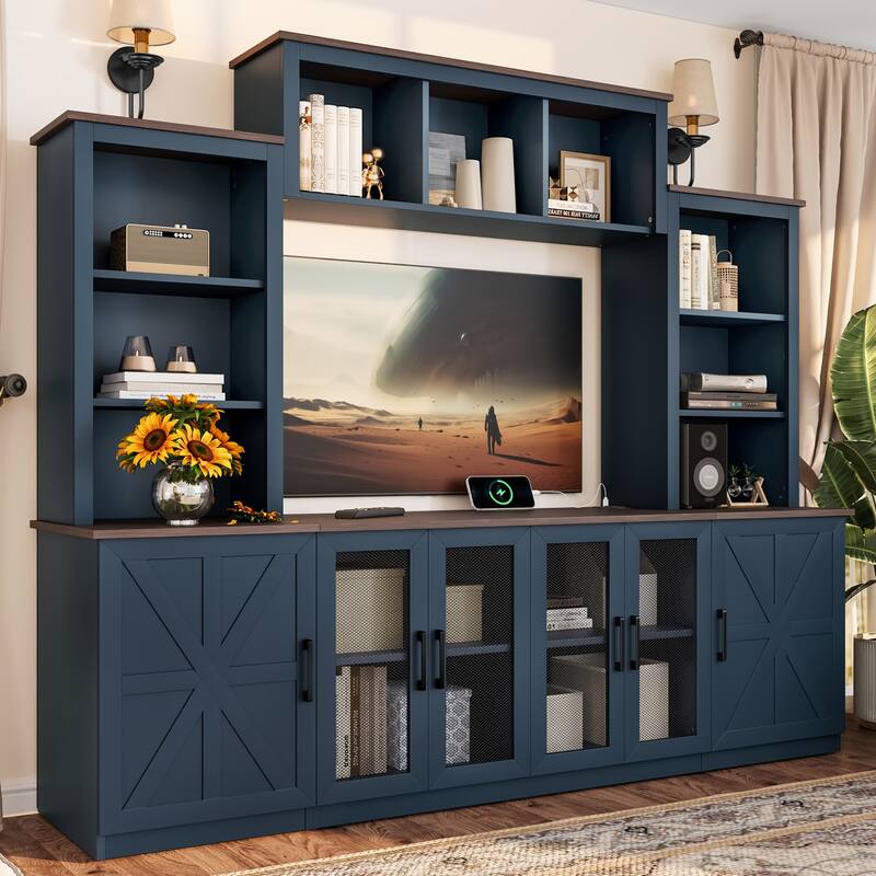 87.6" Wall Unit Entertainment Center Wood TV Stand with USB Charging, Media Console with Cabinets, Large Storage TV Cabinet