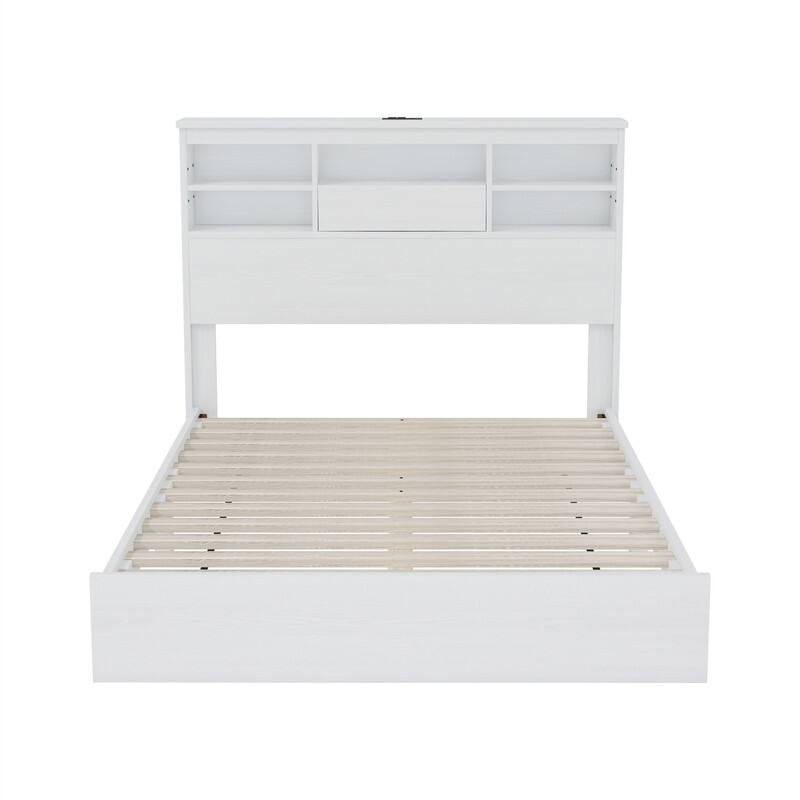 Queen Size Wooden Platform Bed with Storage Bookcase Headboard, American Country Style Bed Frame with USB Charging Ports