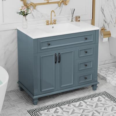 36" Bathroom Vanity with Sink, Blue Grey Vanity Cabinet with Flip-Out Drawer, 3 Drawers, 2 Soft-Close Doors